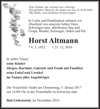 Traueranzeige von Horst Altmann von Südthüringer Presse