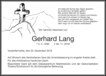 Traueranzeige von Gerhard Lang von Frankenpost