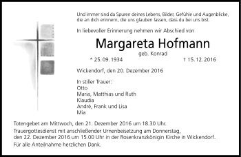 Traueranzeige von Margareta Hofmann von Neue Presse Coburg