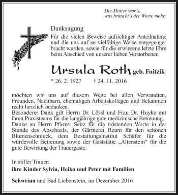 Traueranzeige von Ursula Roth von Südthüringer Presse