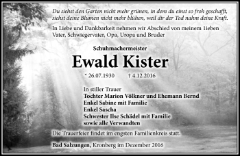 Traueranzeige von Ewald Kister von Südthüringer Presse