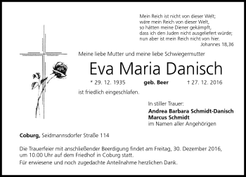 Traueranzeige von Eva Maria Danisch von Neue Presse Coburg