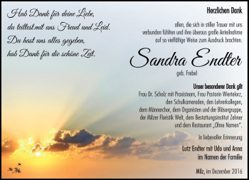 Traueranzeige von Sandra Endter von Südthüringer Presse