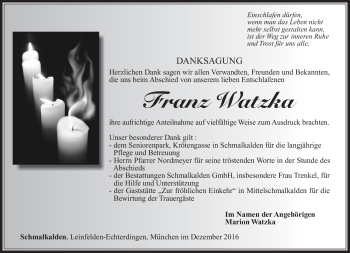 Traueranzeige von Franz Watzka von Südthüringer Presse