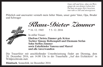 Traueranzeige von Klaus-Dieter Zimmer von Südthüringer Presse