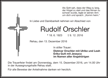 Traueranzeige von Rudolf Orschler von Frankenpost