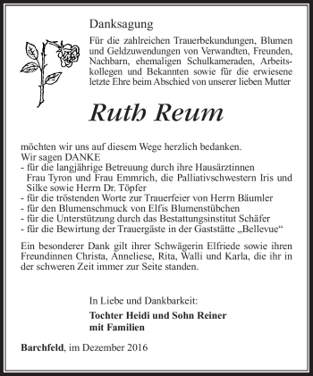 Traueranzeige von Ruth Reum von Südthüringer Presse