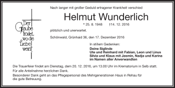 Traueranzeige von Helmut Wunderlich von Frankenpost