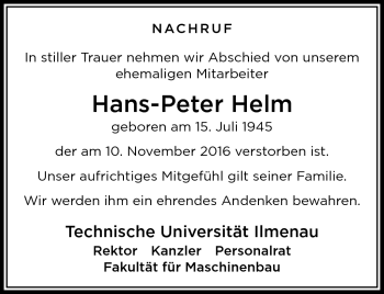 Traueranzeige von Hans-Peter Helm von Südthüringer Presse
