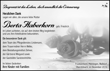 Traueranzeige von Berta Haberkorn von Südthüringer Presse