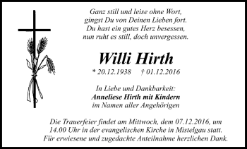 Traueranzeige von Willi Hirth von Neue Presse Coburg