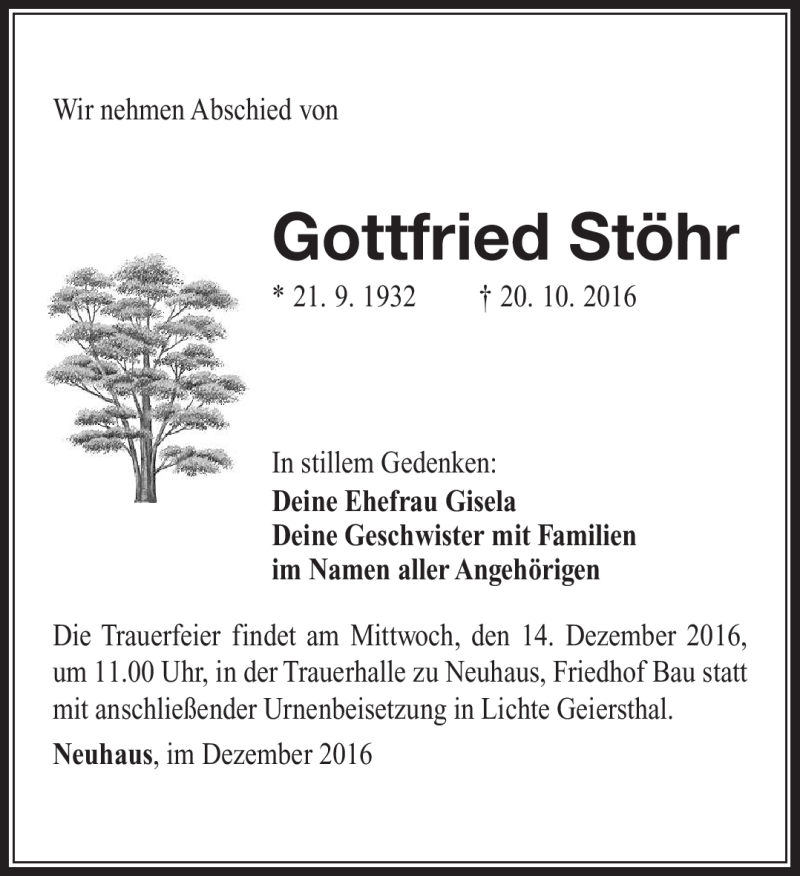  Traueranzeige für Gottfried Stöhr vom 13.12.2016 aus Südthüringer Presse