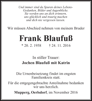 Traueranzeige von Frank Blaufuß von Südthüringer Presse