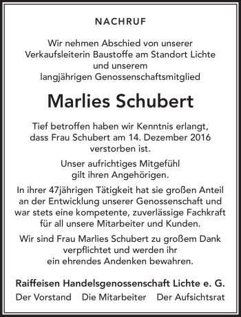 Traueranzeige von Marlies Schubert von Südthüringer Presse