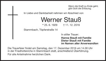 Traueranzeige von Stauß Werner von Frankenpost