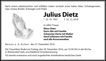 Traueranzeige von Julius Dietz von Neue Presse Coburg