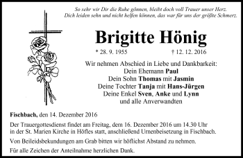 Traueranzeige von Brigitte Hönig von Neue Presse Coburg