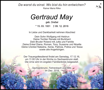 Traueranzeige von Gertraud May von Südthüringer Presse