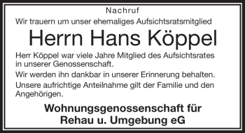 Traueranzeige von Hans Köppel von Frankenpost