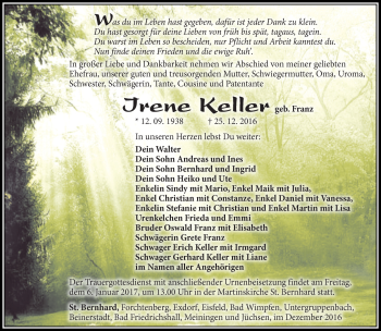 Traueranzeige von Irene Keller von Südthüringer Presse