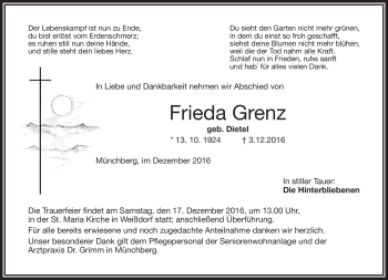 Traueranzeige von Frieda Grenz von Frankenpost