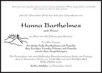 Traueranzeige von Hanna Barthelms von Südthüringer Presse