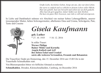 Traueranzeige von Gisela Kaufmann von Südthüringer Presse