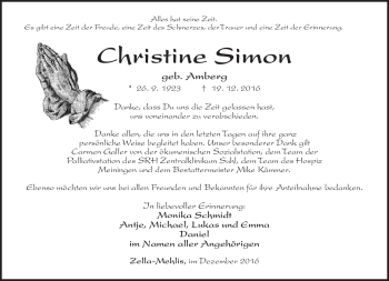 Traueranzeige von Christine Simon von Südthüringer Presse