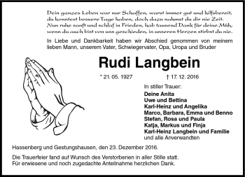 Traueranzeige von Rudi Langbein von Neue Presse Coburg