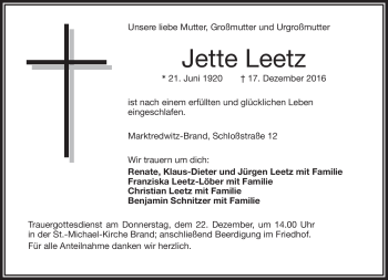 Traueranzeige von Jette Leetz von Frankenpost