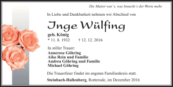 Traueranzeige von Inge Wülfing von Südthüringer Presse
