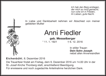 Traueranzeige von Anni Fiedler von Neue Presse Coburg