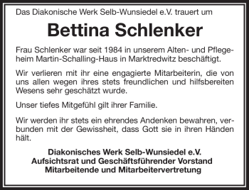 Traueranzeige von Bettina Schlenker von Frankenpost