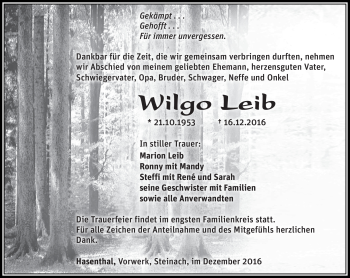 Traueranzeige von Wilgo Leib von Südthüringer Presse