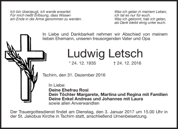 Traueranzeige von Ludwig Letsch von Neue Presse Coburg