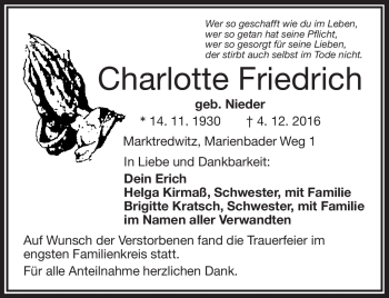 Traueranzeige von Charlotte Friedrich von Frankenpost
