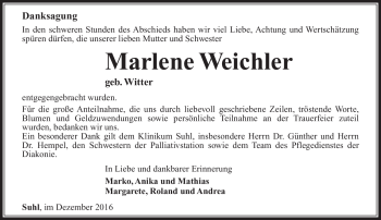 Traueranzeige von Marlene Weichler von Südthüringer Presse