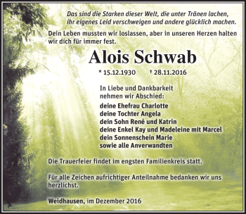 Traueranzeige von Alois Schwab von Südthüringer Presse