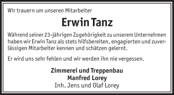 Traueranzeige von Erwin Tanz von Südthüringer Presse