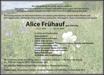 Traueranzeige von Alice Frühauf von Südthüringer Presse