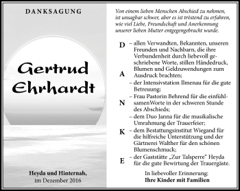 Traueranzeige von Gertrund Ehrhardt von Südthüringer Presse