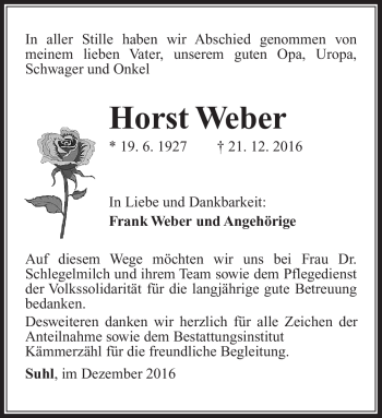 Traueranzeige von Horst Weber von Südthüringer Presse