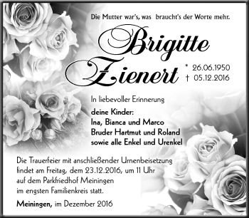 Traueranzeige von BrigittE Zienert von Südthüringer Presse