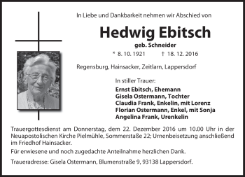 Traueranzeige von Hedwig Ebitsch von Frankenpost