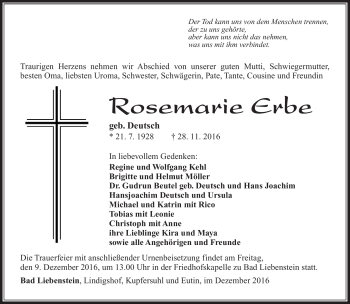 Traueranzeige von Rosemarie Erbe von Südthüringer Presse