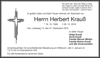 Traueranzeige von Herbert Krauß von Frankenpost
