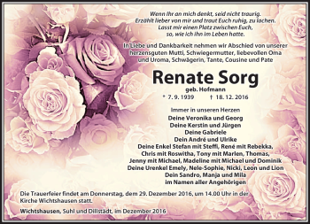Traueranzeige von Renate Sorg von Südthüringer Presse