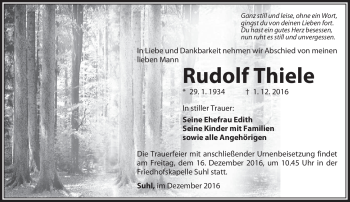 Traueranzeige von Rudolf Thiele von Südthüringer Presse