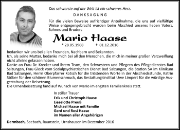 Traueranzeige von Mario Haase von Südthüringer Presse