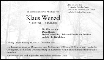 Traueranzeige von Klaus Wenzel von Neue Presse Coburg